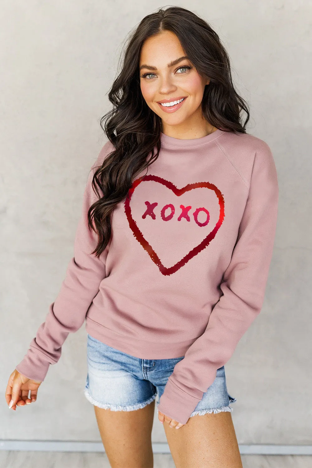 Pink XOXO Heart Shaped Glitter Print Long Sleeve Sweatshirt