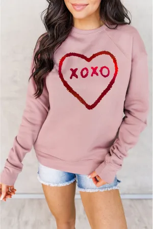 Pink XOXO Heart Shaped Glitter Print Long Sleeve Sweatshirt