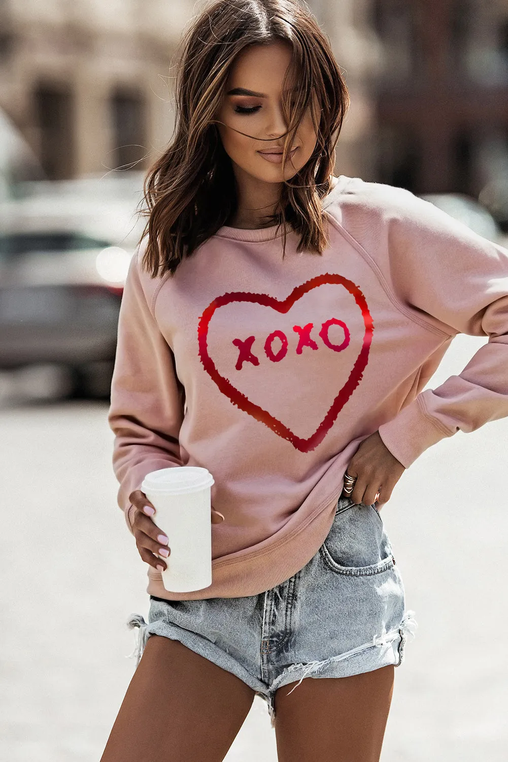 Pink XOXO Heart Shaped Glitter Print Long Sleeve Sweatshirt