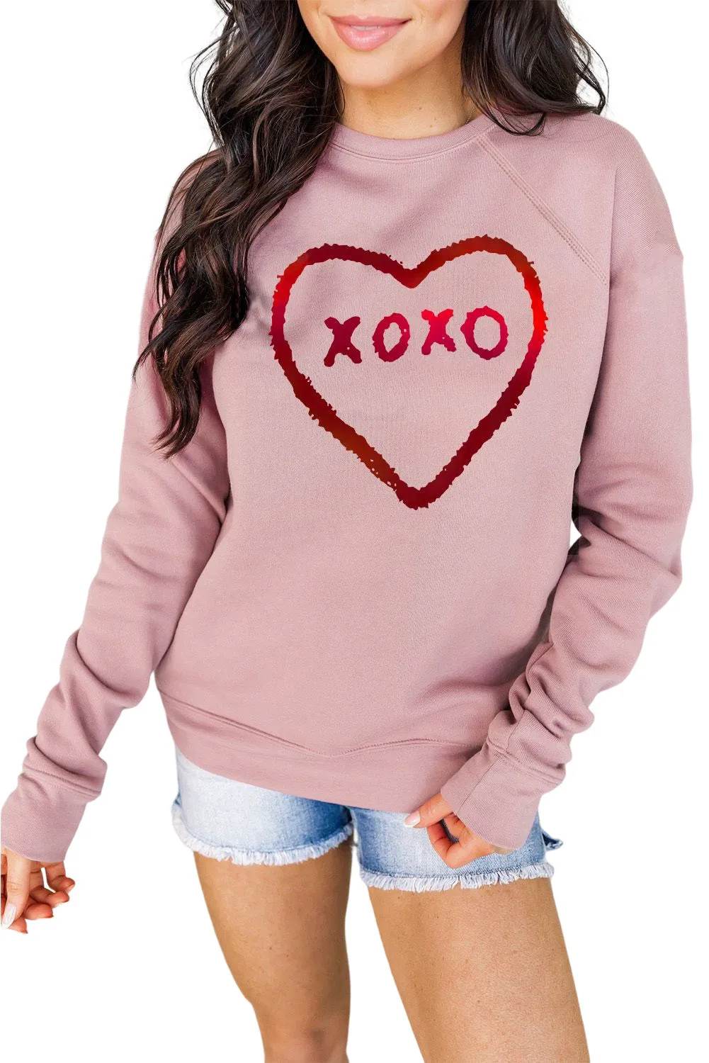 Pink XOXO Heart Shaped Glitter Print Long Sleeve Sweatshirt