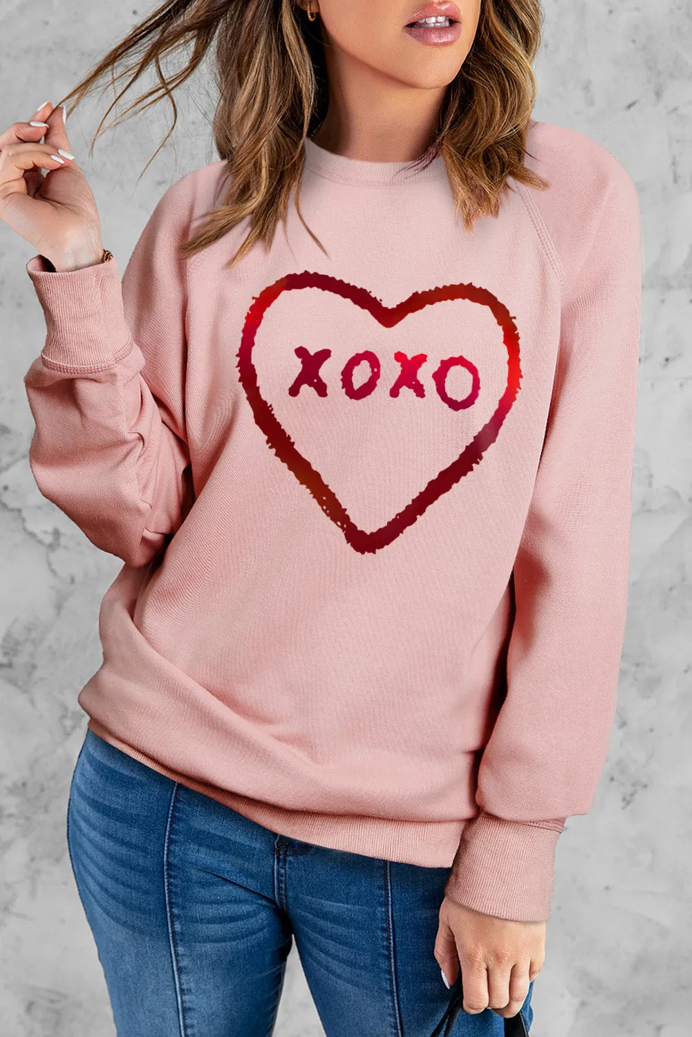 Pink XOXO Heart Shaped Glitter Print Long Sleeve Sweatshirt