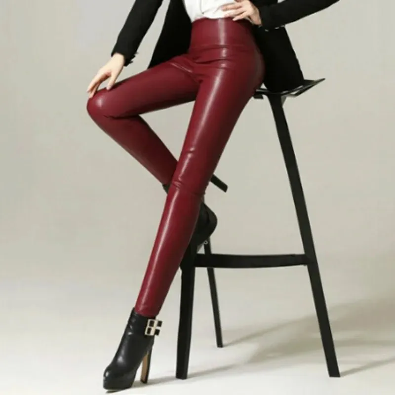 Plus Size Faux Leather Leggings for Women - High Waist Shiny Slim Fit Pants (XS–5XL)