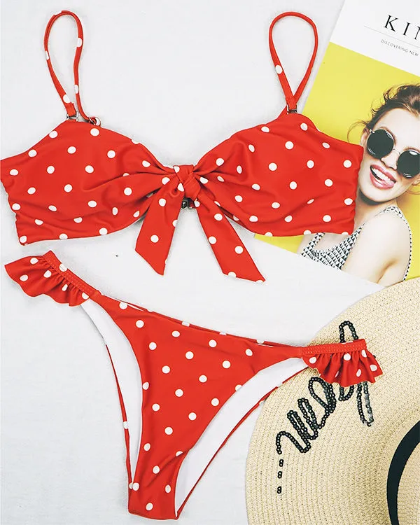 Polka Dots Print Tie Front Bikini Sets