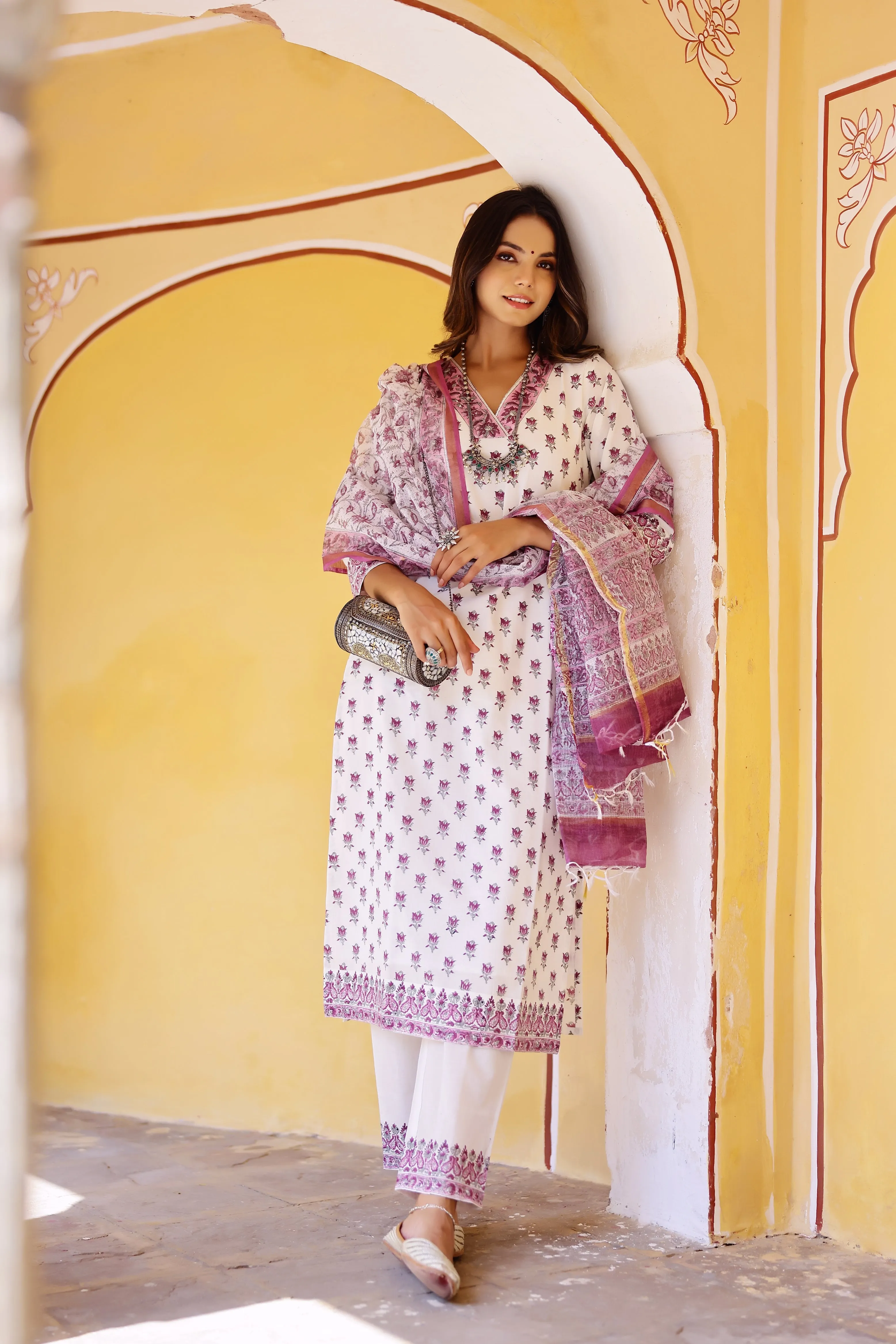 "Jenna" Mughal Cotton Kurta Set with Kota Doriya Dupatta(3pc)
