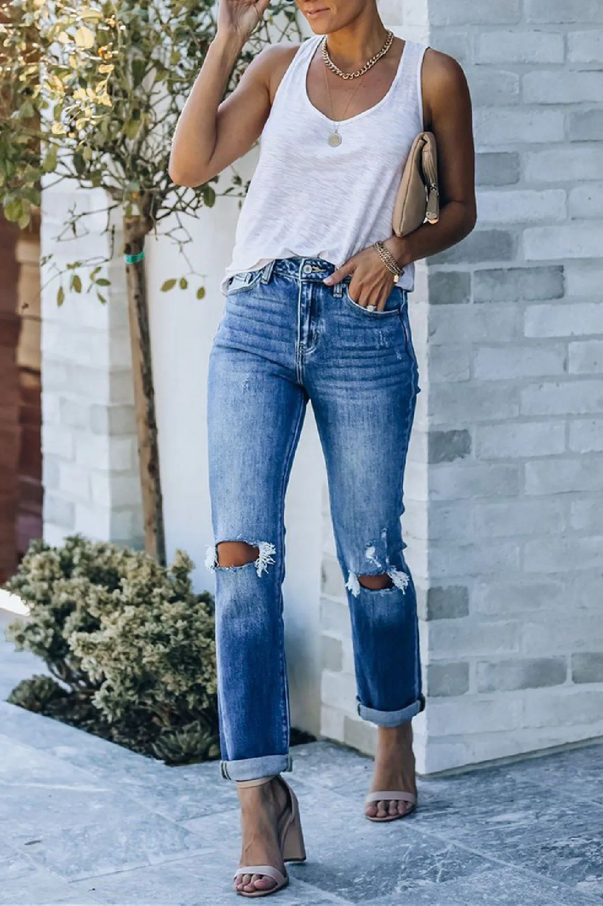 Rachel High Rise Distressed Straight Leg Denim