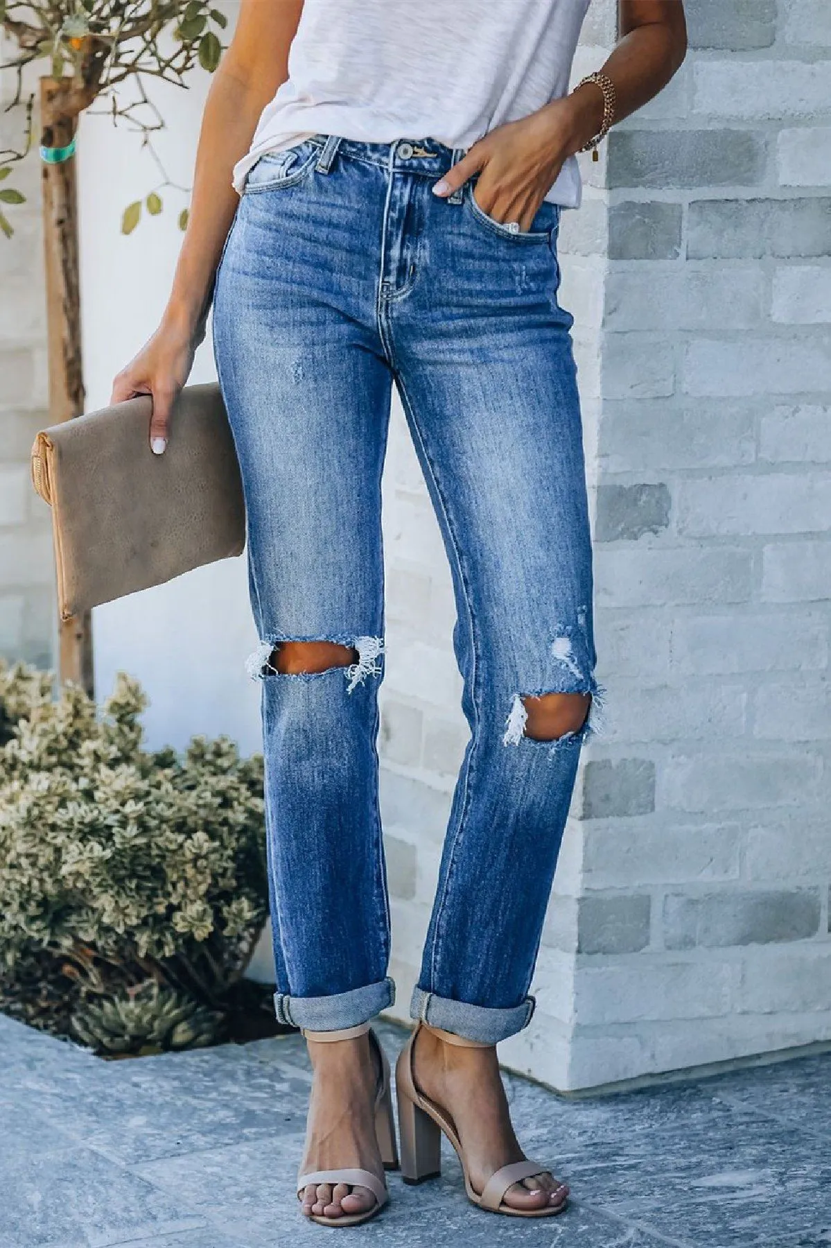 Rachel High Rise Distressed Straight Leg Denim