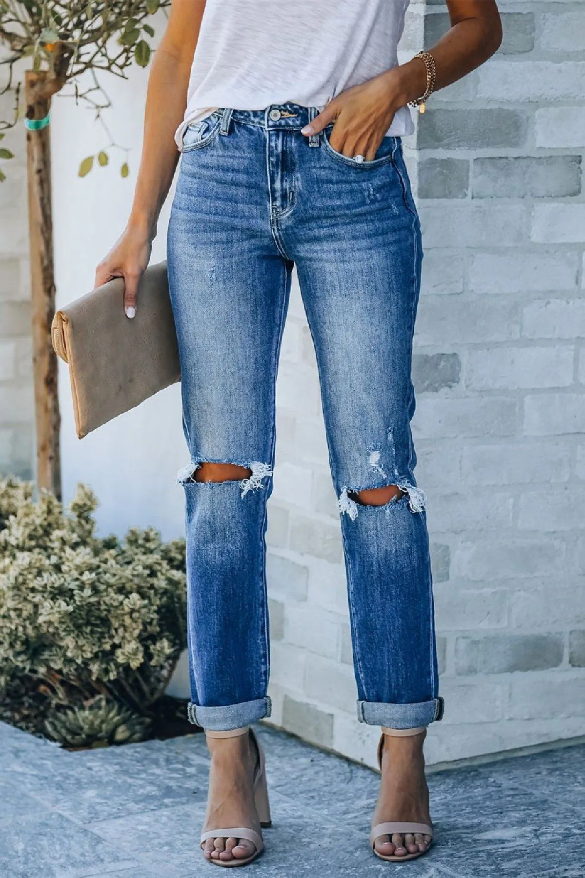 Rachel High Rise Distressed Straight Leg Denim