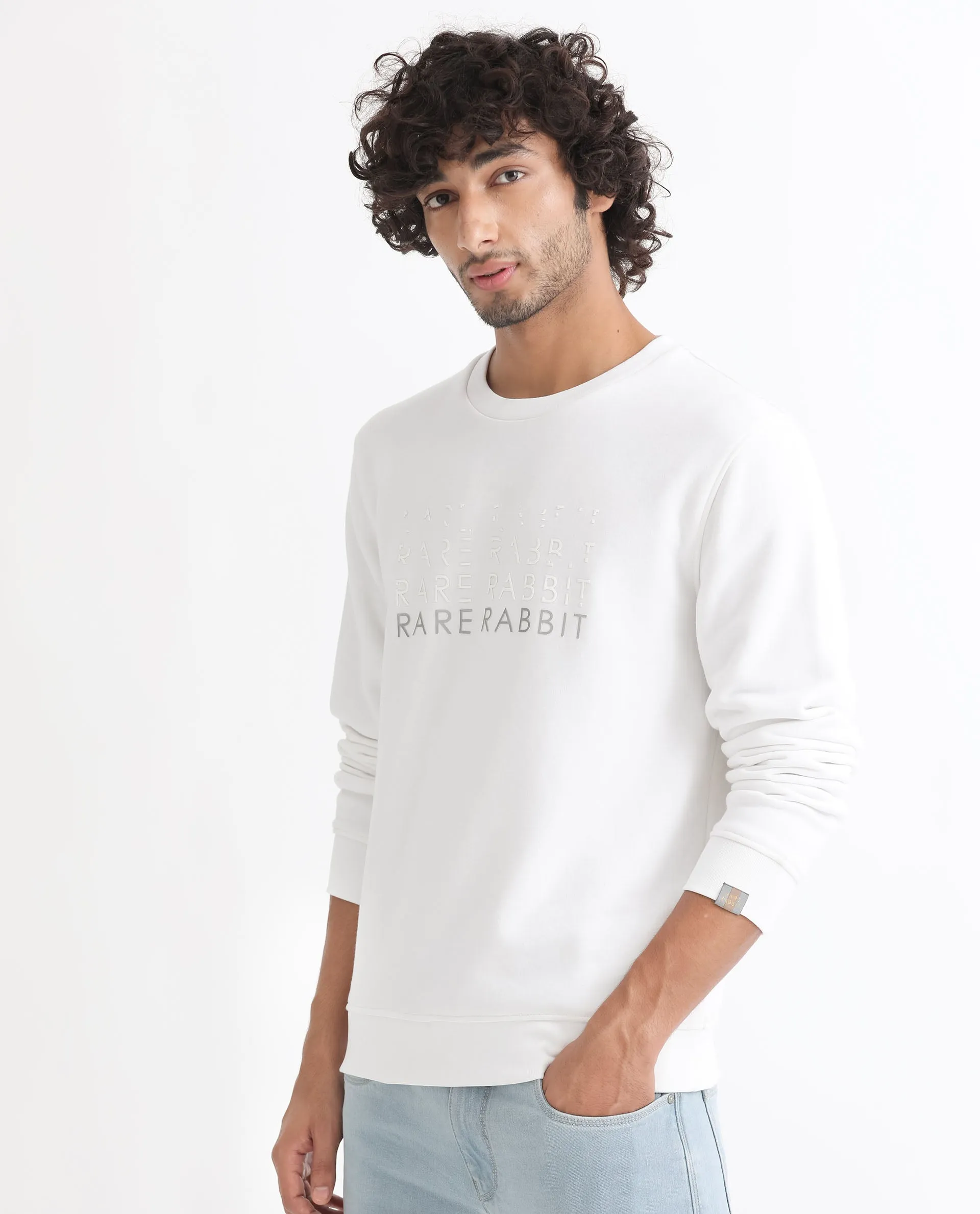 Rare Rabbit Mens Argyll White Sweatshirt Cotton Polyester Fabric Round Neck Knitted Full Sleeves Comfortable Fit