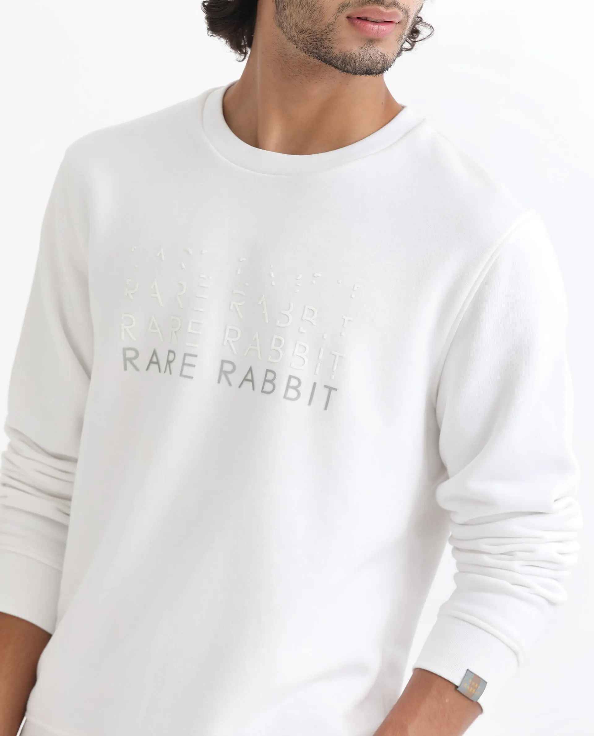 Rare Rabbit Mens Argyll White Sweatshirt Cotton Polyester Fabric Round Neck Knitted Full Sleeves Comfortable Fit