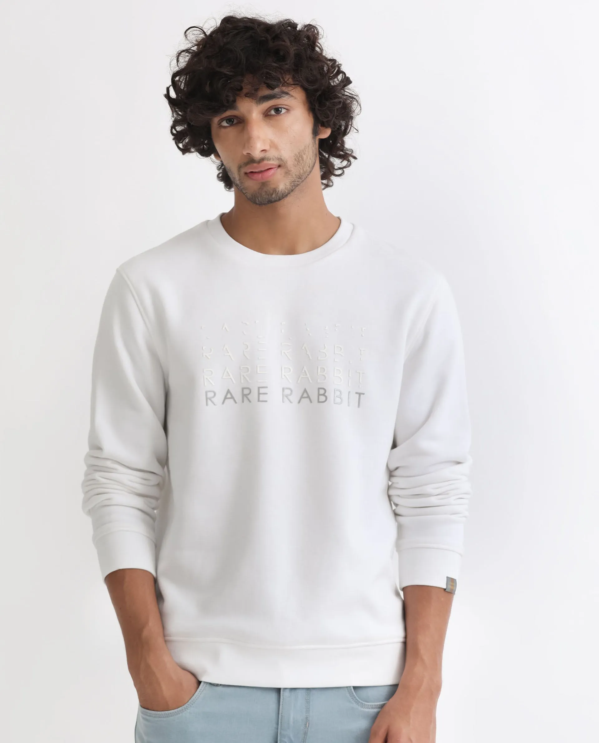 Rare Rabbit Mens Argyll White Sweatshirt Cotton Polyester Fabric Round Neck Knitted Full Sleeves Comfortable Fit