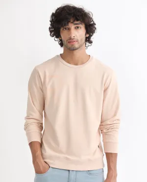 Rare Rabbit Men's Drovie Beige Cotton Polyester Fabric Full Sleeves Graphic Printed Logo Knitted Sweatshirt