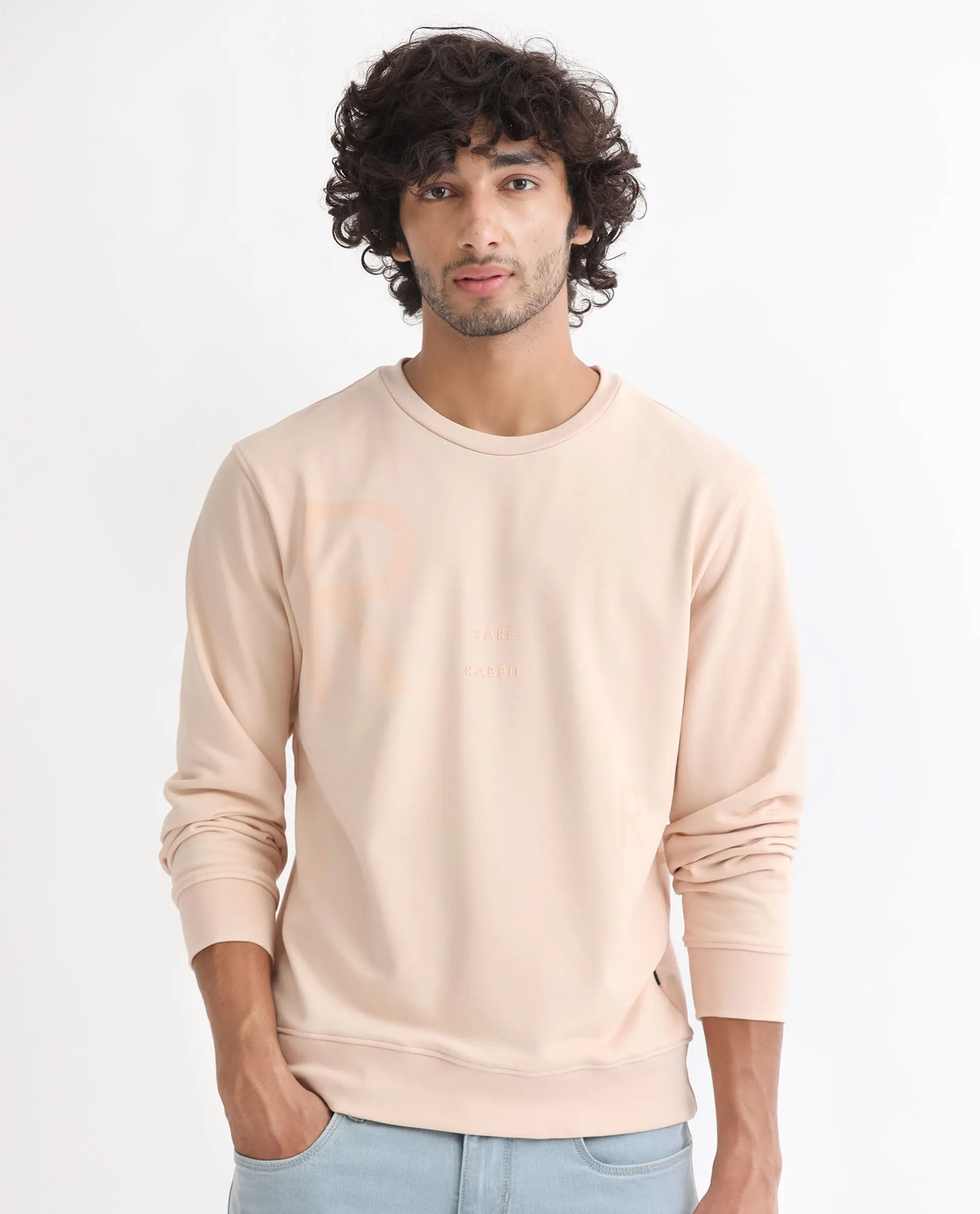 Rare Rabbit Men's Drovie Beige Cotton Polyester Fabric Full Sleeves Graphic Printed Logo Knitted Sweatshirt