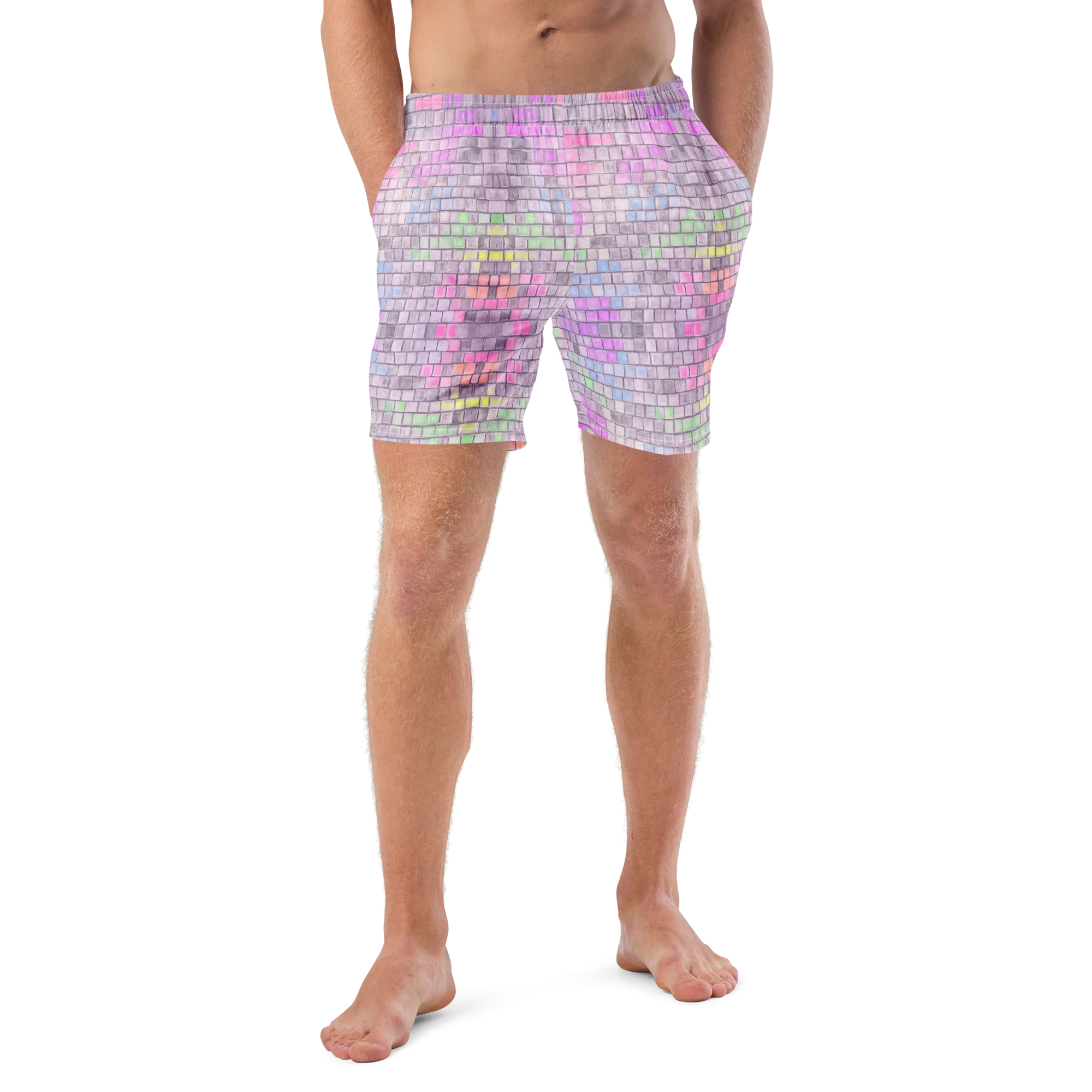 Recycled Material Swim Trunks ( Secret Internal Pocket)- "Disco Kitty" Design
