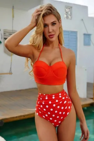 Red Bikini Bustier Halter Bra High Waisted Two-Piece Swimsuit