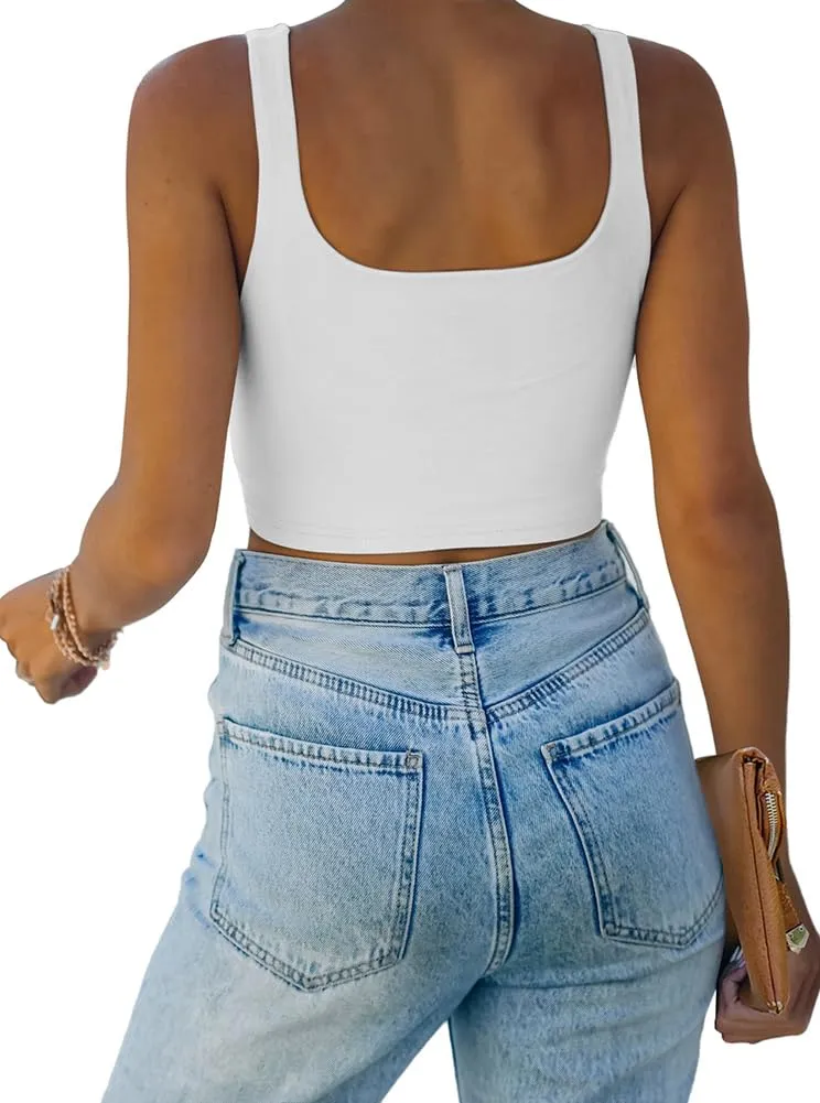 REORIA Women's Summer Sexy Basic Sleeveless Square Neck Fitted Seamless Yoga Cropped Tank Cute Crop Tops White Medium