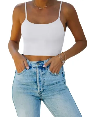REORIA Women's Summer Sexy Sleeveless Adjustable Spaghetti Strap Cami Camisole Basic Fitted Seamless Yoga Cropped Tank Cute Crop Tops White Medium