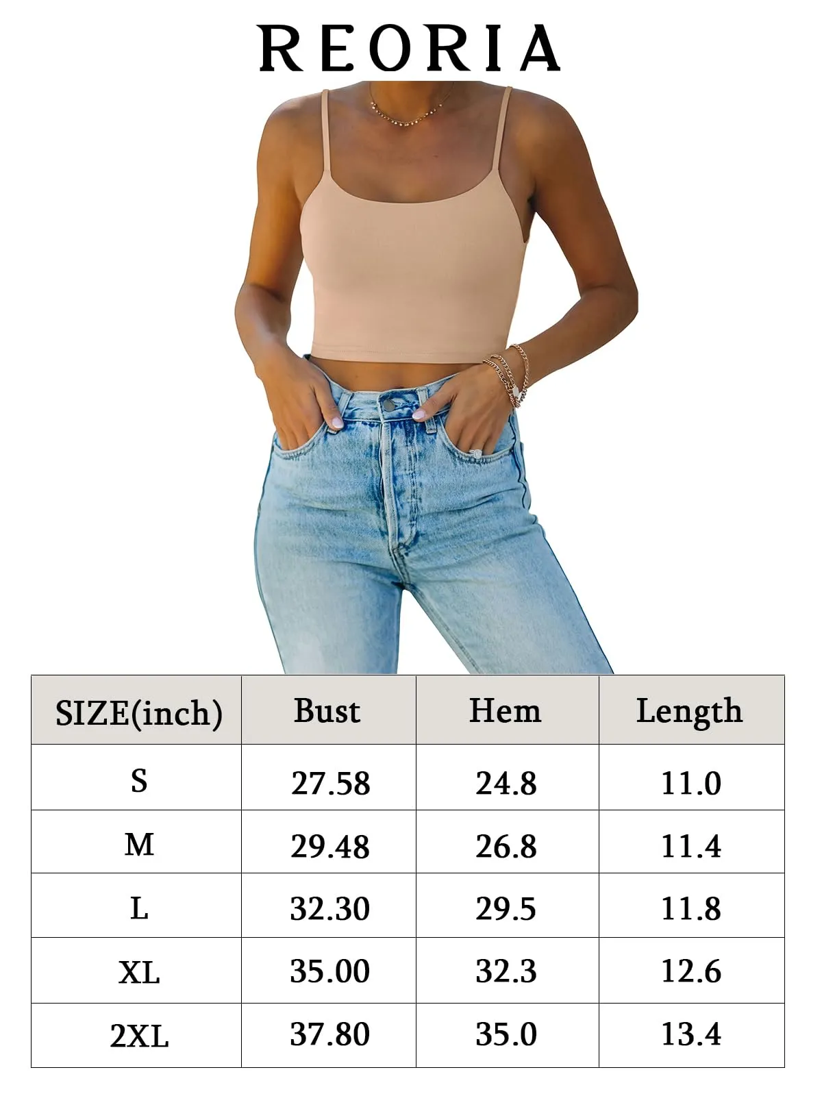REORIA Women's Summer Sexy Sleeveless Adjustable Spaghetti Strap Cami Camisole Basic Fitted Seamless Yoga Cropped Tank Cute Crop Tops White Medium