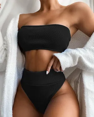 Ribbed Bandeau High Waisted Bikini Sets