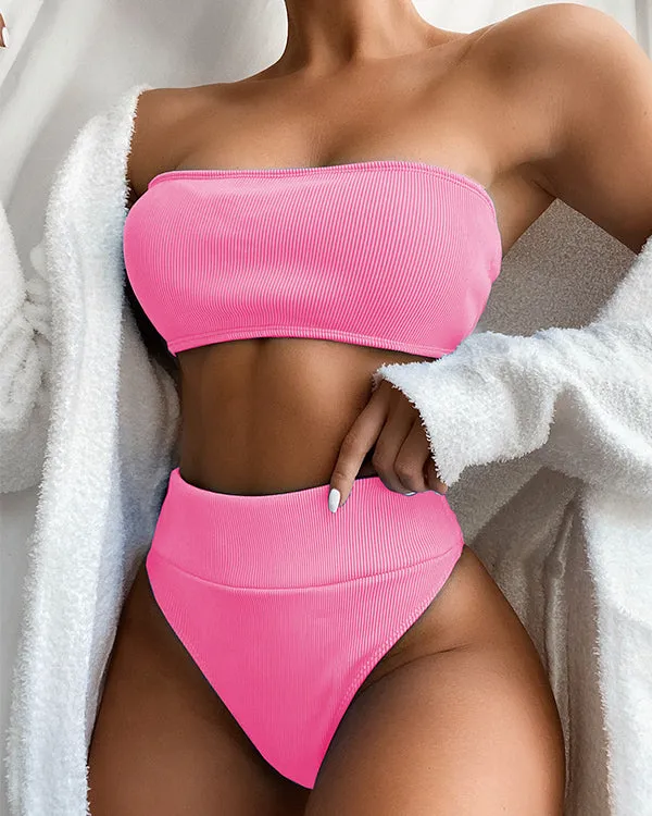 Ribbed Bandeau High Waisted Bikini Sets