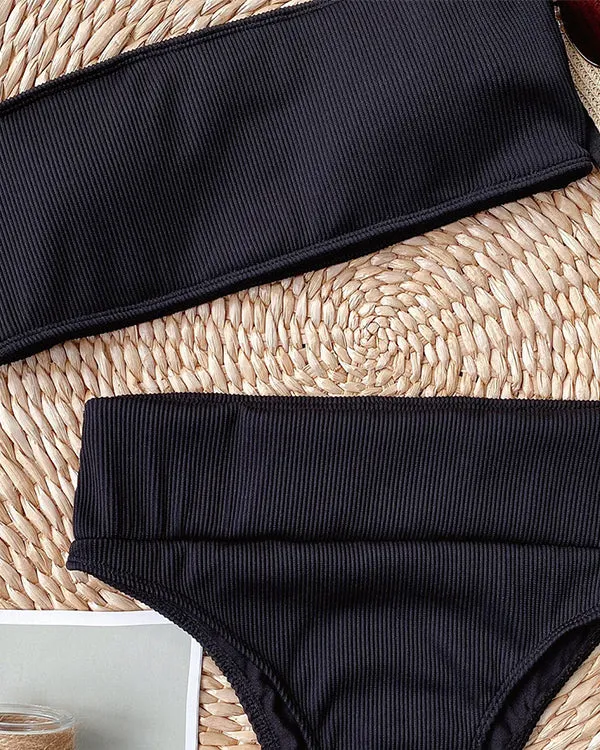 Ribbed Bandeau High Waisted Bikini Sets