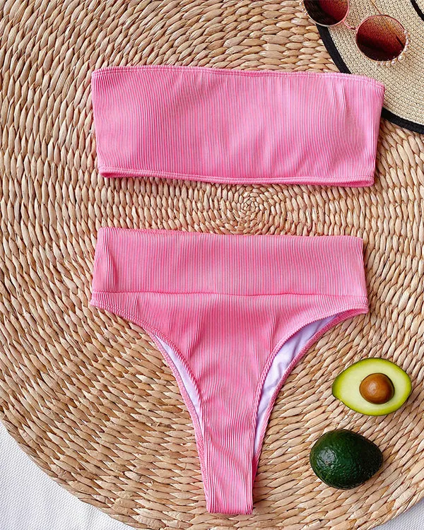Ribbed Bandeau High Waisted Bikini Sets