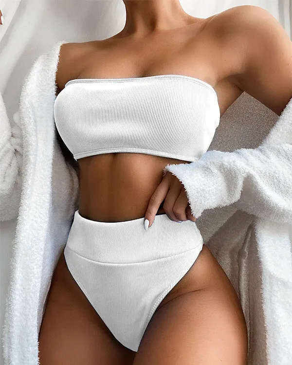 Ribbed Bandeau High Waisted Bikini Sets