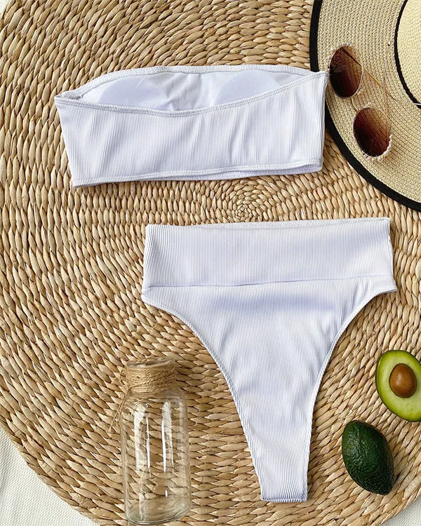 Ribbed Bandeau High Waisted Bikini Sets