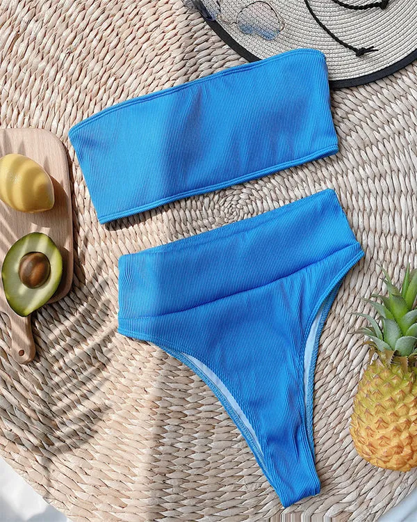 Ribbed Bandeau High Waisted Bikini Sets