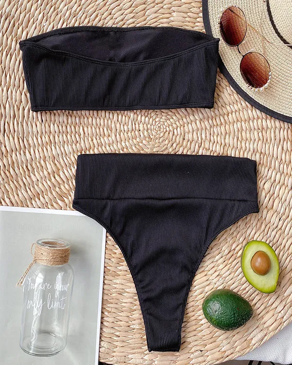 Ribbed Bandeau High Waisted Bikini Sets
