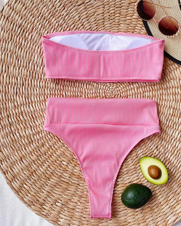 Ribbed Bandeau High Waisted Bikini Sets