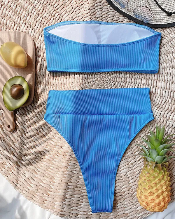 Ribbed Bandeau High Waisted Bikini Sets