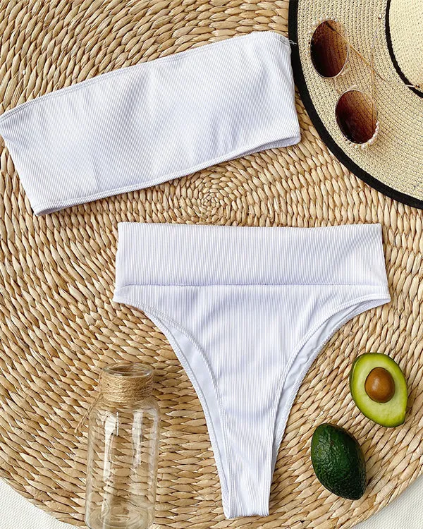 Ribbed Bandeau High Waisted Bikini Sets