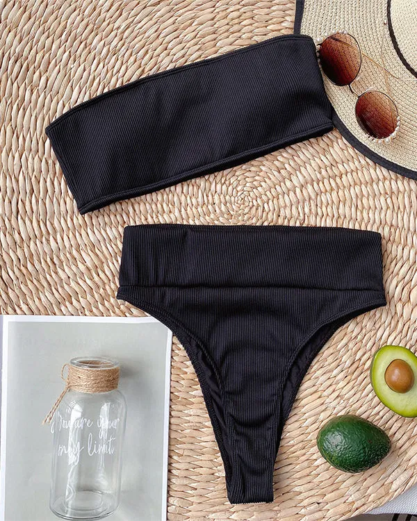 Ribbed Bandeau High Waisted Bikini Sets