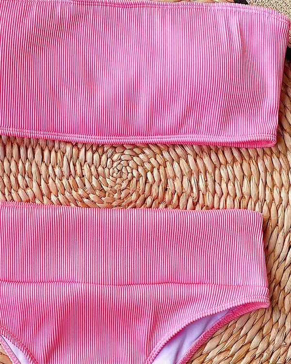 Ribbed Bandeau High Waisted Bikini Sets