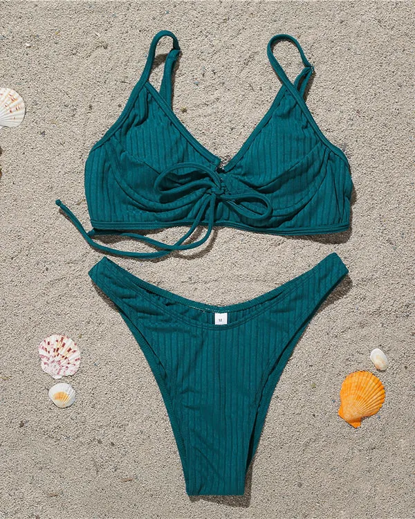 Ribbed Tie Front Bikini Sets
