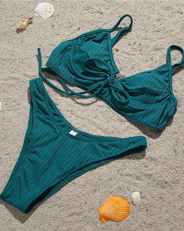 Ribbed Tie Front Bikini Sets