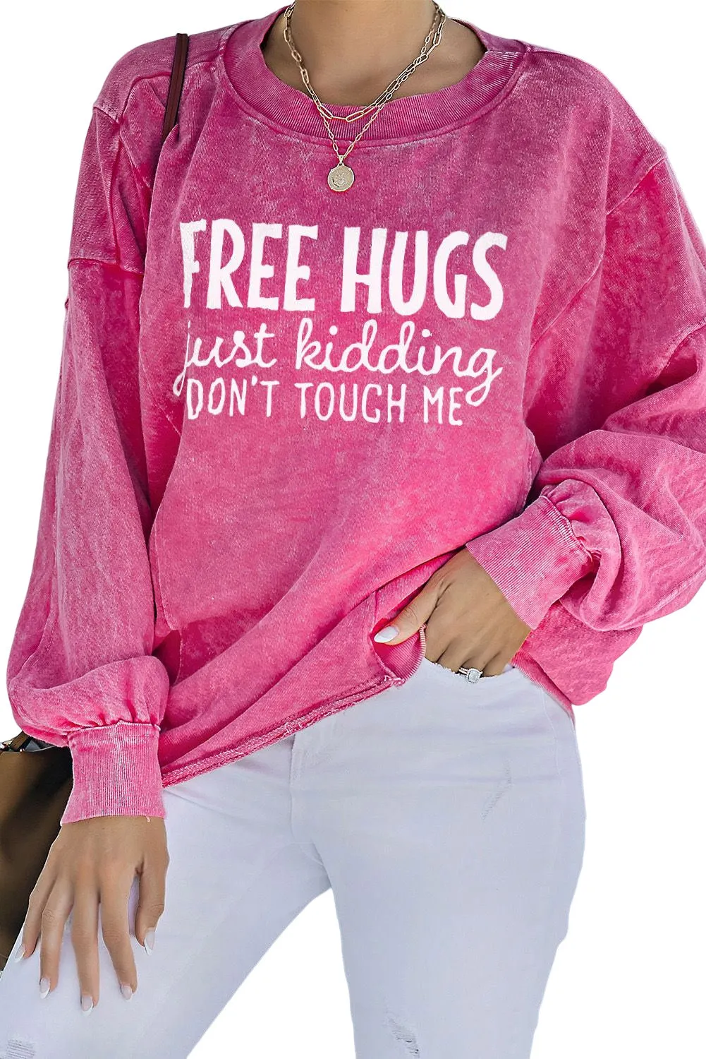 Rose Free Hugs Joking Print Mineral Wash Sweatshirt