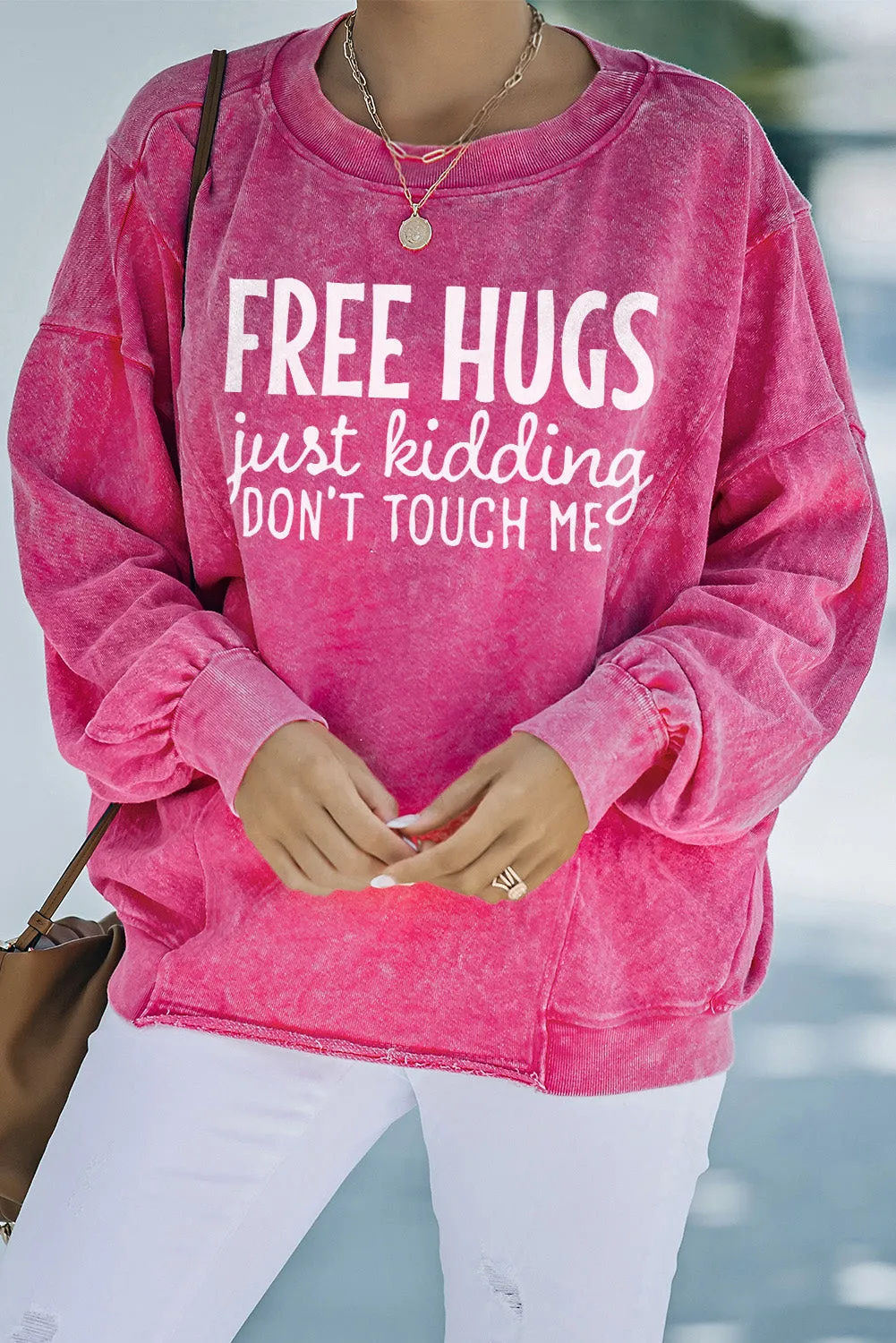 Rose Free Hugs Joking Print Mineral Wash Sweatshirt