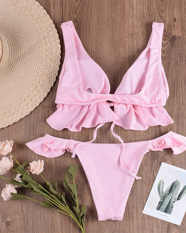 Ruffled Tie Front Bikini Sets