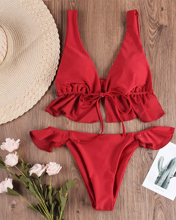 Ruffled Tie Front Bikini Sets