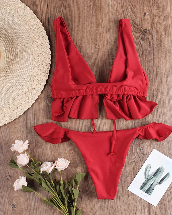 Ruffled Tie Front Bikini Sets