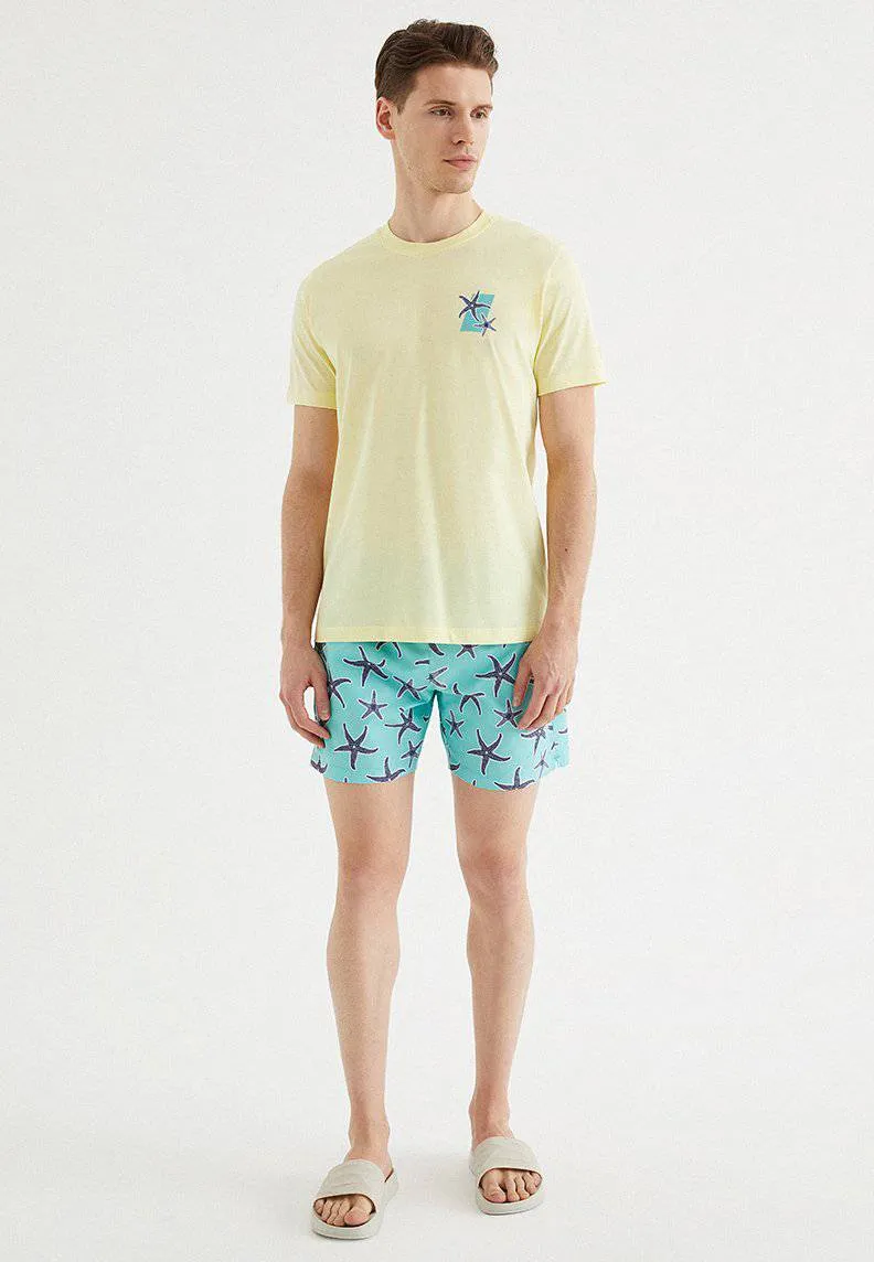 Sarı Baskılı Bisiklet Yaka Pamuklu Regular Fit Erkek T-Shirt STARFISH
