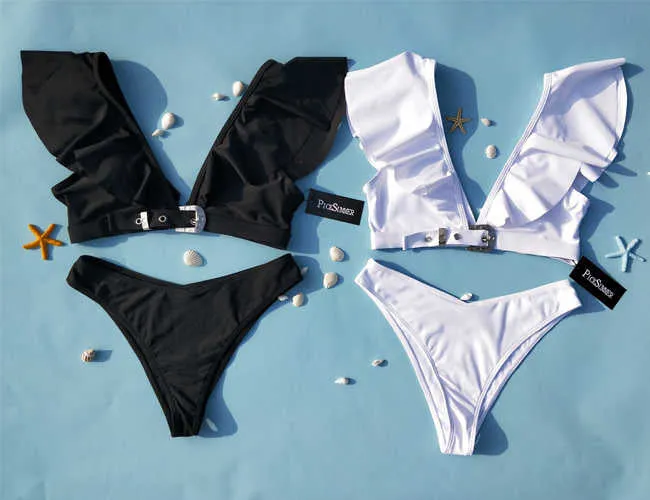 Sexy Deep V Neck Flouncing Shoulder Bikini Sets