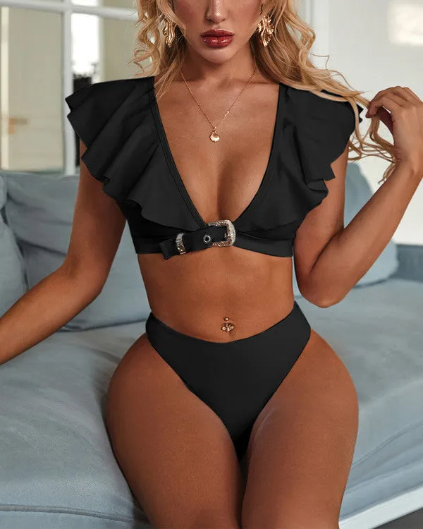 Sexy Deep V Neck Flouncing Shoulder Bikini Sets