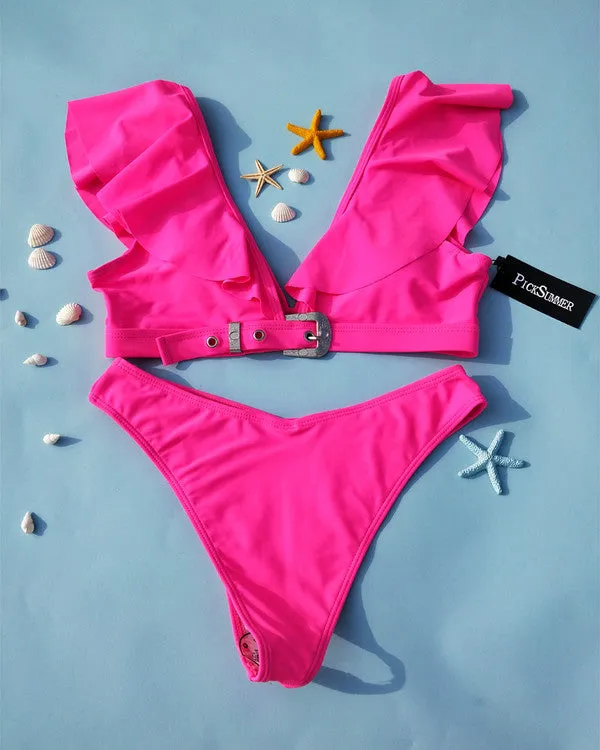 Sexy Deep V Neck Flouncing Shoulder Bikini Sets