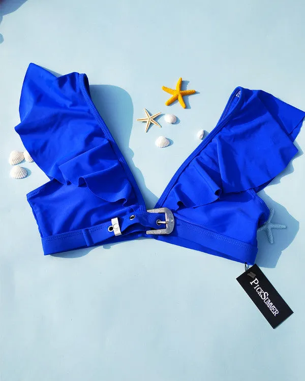 Sexy Deep V Neck Flouncing Shoulder Bikini Sets