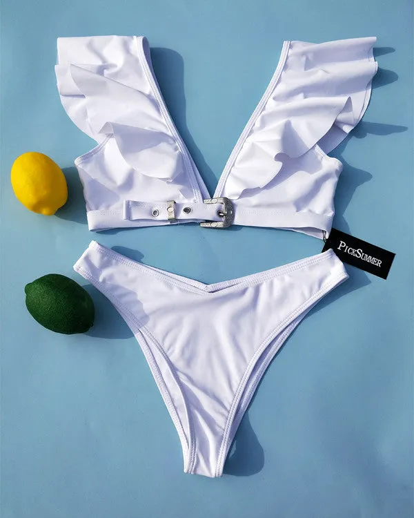Sexy Deep V Neck Flouncing Shoulder Bikini Sets