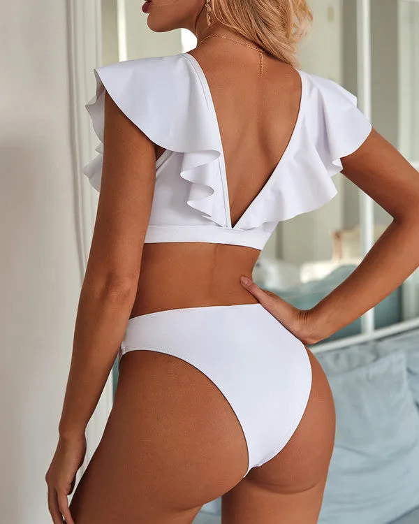 Sexy Deep V Neck Flouncing Shoulder Bikini Sets