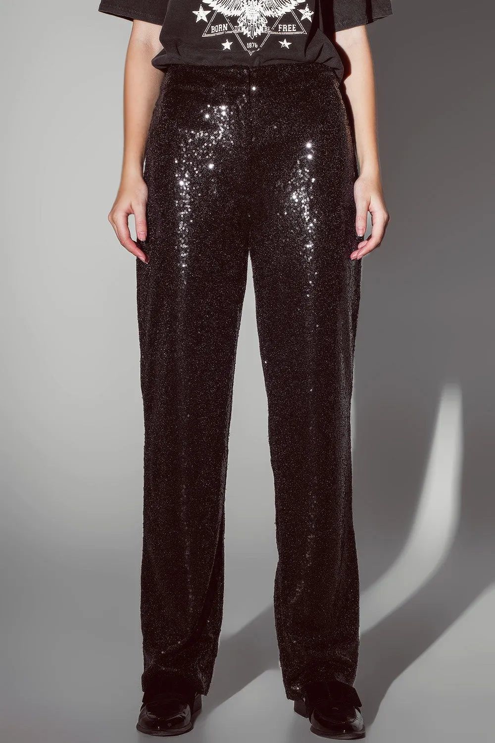 Straight Leg Sequin Pants in Black