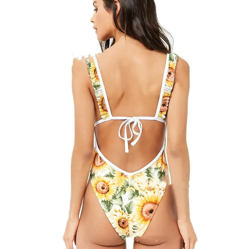 Sunflower Delight Ruffle Strap Printed Monokini